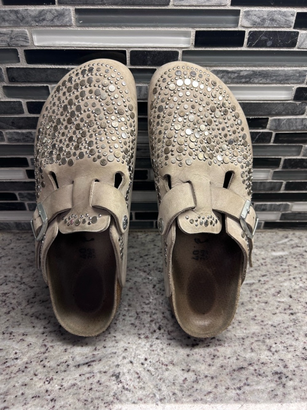 Birkenstock Studded Suede Slip-On Clog in Taupe size 9 - Picture 2 of 6